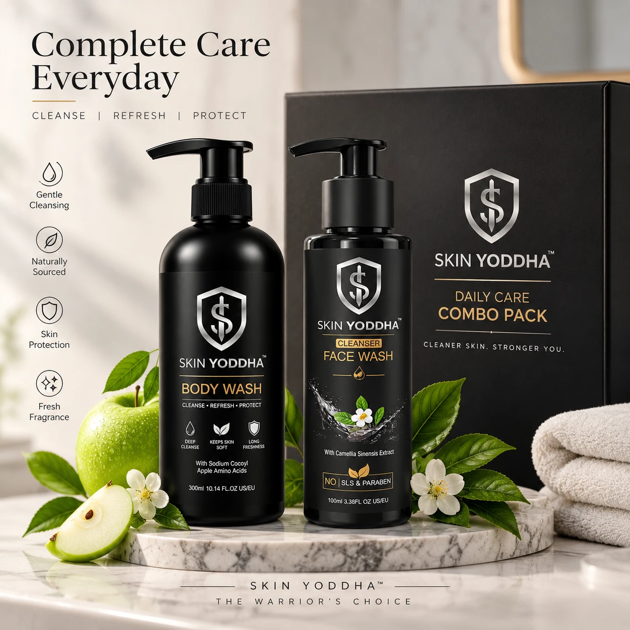 Skin Yoddha Daily Fresh Duo – Apple Amino Body Wash & Camellia Cleanser Face Wash